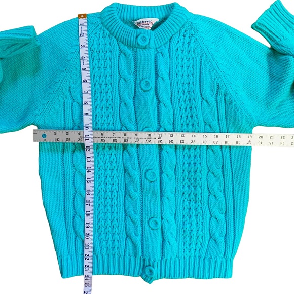Vintage 70s Full Fashion Cable Chunky Knit Vibrant Turquoise Crewneck Cardigan - Picture 5 of 6